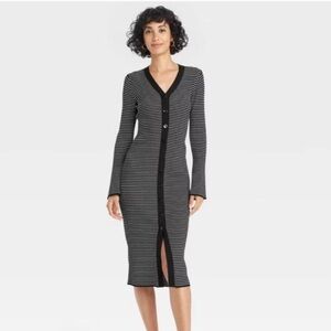 A New Day Black and White Striped Ribbed Button Down Dress